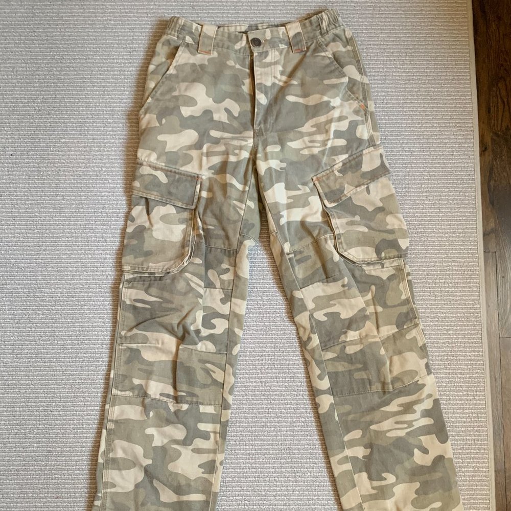 Adjustable Redhead Camo work pants with neon orange stitching, Size S